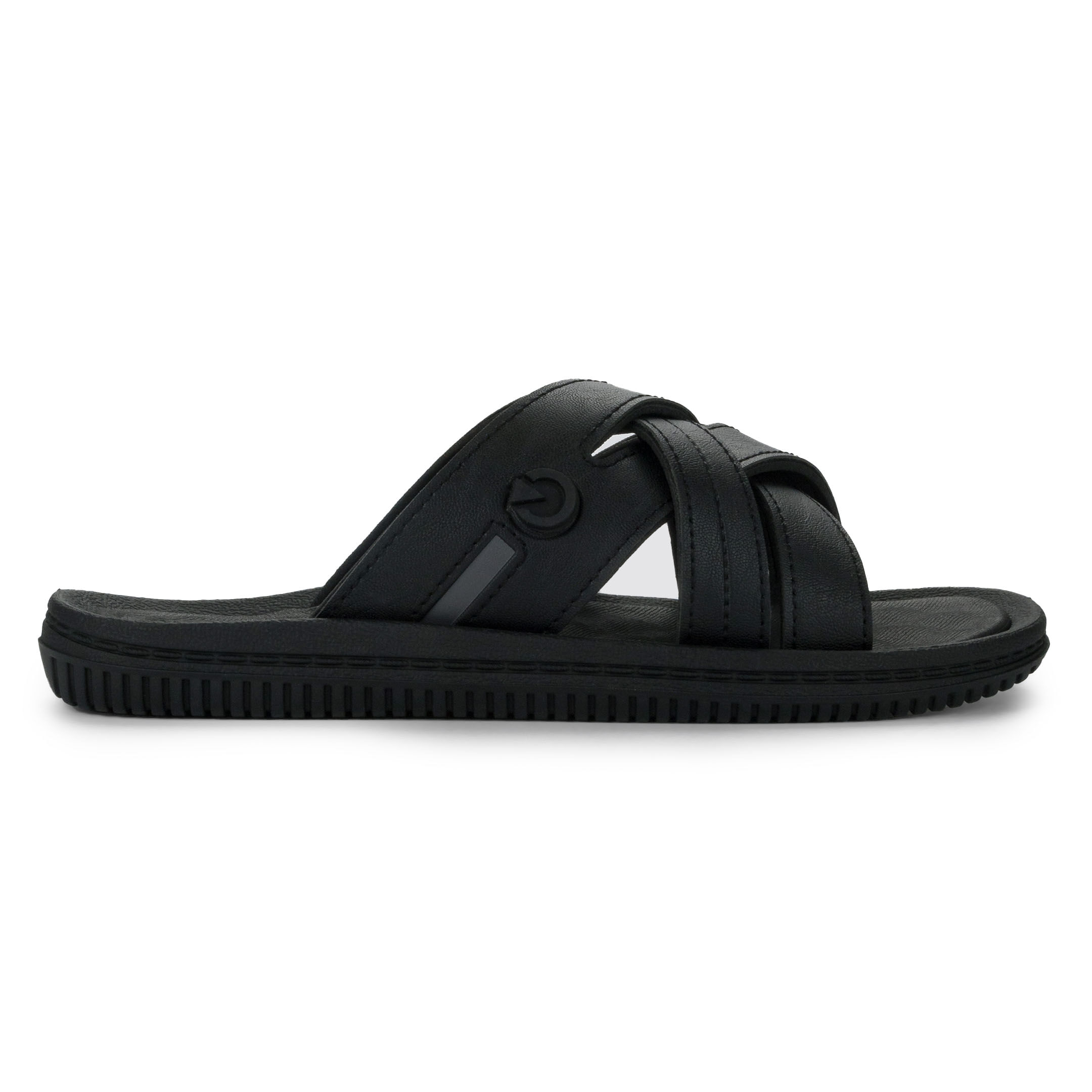 Chinelo slide masculino Cartago preto visto de perfil direito, destacando tiras cruzadas, palmilha texturizada e sola canelada de borracha